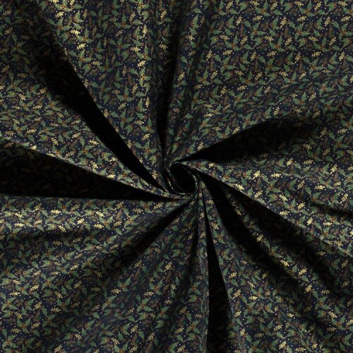 Baumwollpopeline Foliendruck Mistel & Ilex - dunkelblau/gold