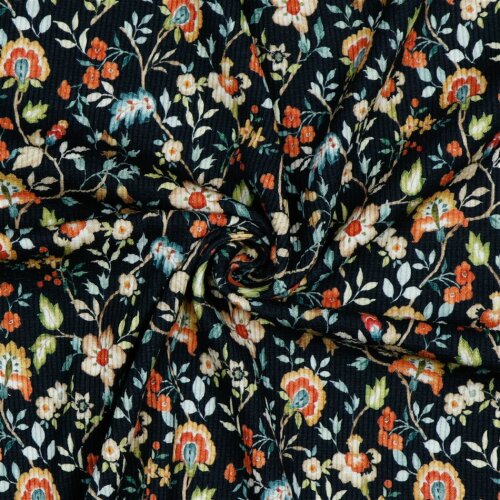 Rippenjersey Digital Blumen - dunkelblau