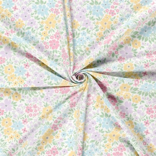 Baumwolljersey Pastell Blumenwiese - cremeweiss