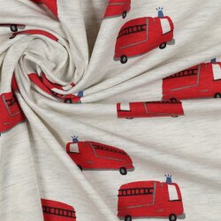 Baumwolljersey süsse Feuerwehrwagen - cremegrau meliert