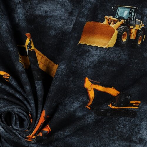 Baumwolljersey Digital Baufahrzeuge - dunkel jeansblau