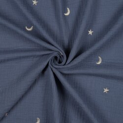 Musselin Bestickt Mond und Sterne - jeansblau
