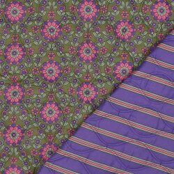 Baumwollvoile Steppstoff 2-Seitig Blumen-Streifen - lila/grün