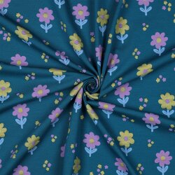 Baumwolljersey Glitzer Blümchen - petrol