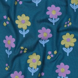 Baumwolljersey Glitzer Blümchen - petrol