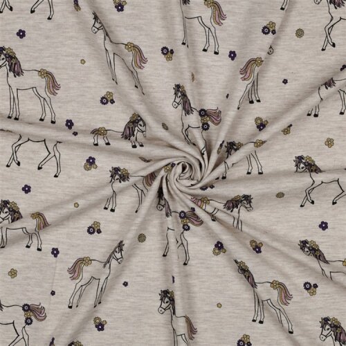 Baumwolljersey Glitzer Blumen-Pferde - hellsand meliert