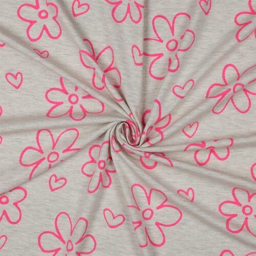 Baumwolljersey Neon Blüten - creme meliert