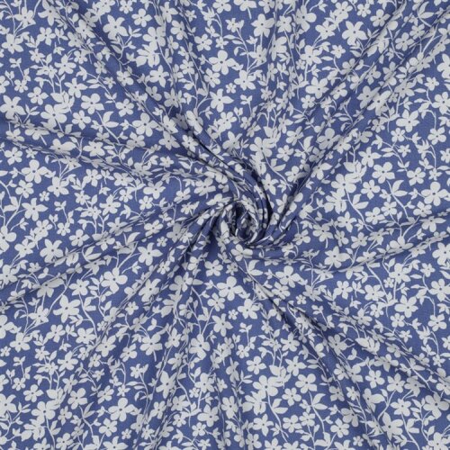 Viskose 100% weiße Blümchen - jeansblau