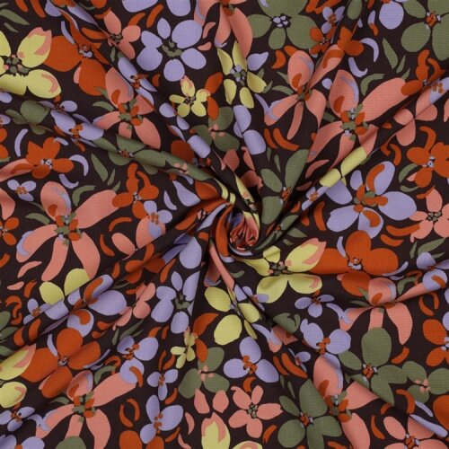 Viskose 100% bunte Blumen - dunkelbraun