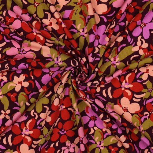Viskose 100% bunte Blumen - aubergine