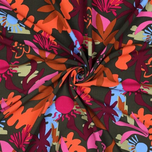 Viskose Lenzing 100% EcoVera™ Abstrakte Blumen - dunkeloliv