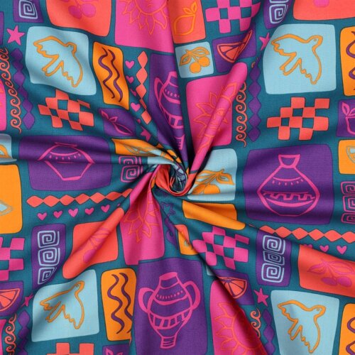 Baumwollpopeline Sommer Patchwork - petrol