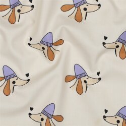 Baumwollpopeline Hunde mit Pudelmütze - altweiß