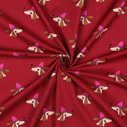 Baumwollpopeline Hunde mit Pudelmütze - weinrot