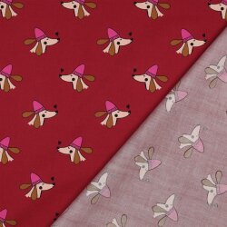 Baumwollpopeline Hunde mit Pudelmütze - weinrot