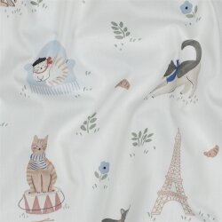 Baumwollpopeline Digital Katzen in Paris - weiß