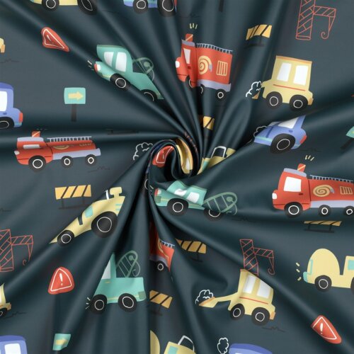 Regenjackenstoff bunte Baufahrzeuge - dunkelgrün