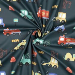 Regenjackenstoff bunte Baufahrzeuge - dunkelgrün