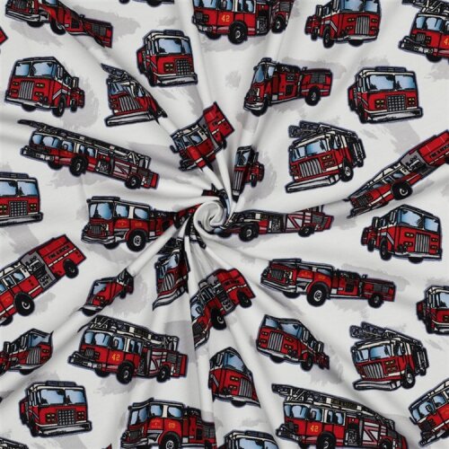 Baumwolljersey Digital Feuerwehrfahrzeuge - altweiß