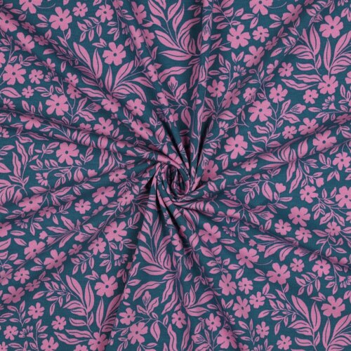 Baumwolljersey Blumenwind - dunkelpetrol/hellpink