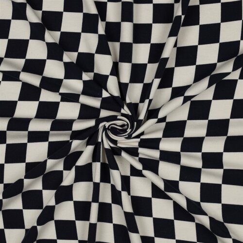 Baumwolljersey  Bio~Organic Schachbrettmuster - natur/nachtblau