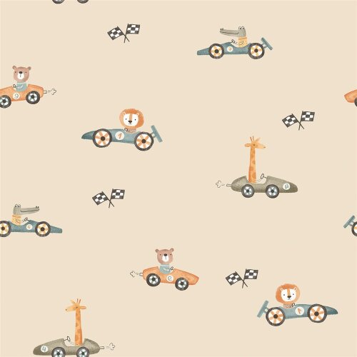 Regenjackenstoff Digital Tiere in Rennwagen - sandbeige