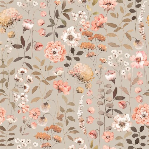 Regenjackenstoff Digital Herbsblumen - hellgraubeige