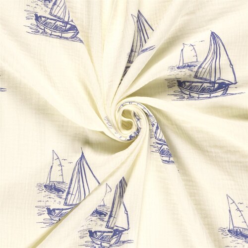 Musselin Segelboote - creme/stahlblau