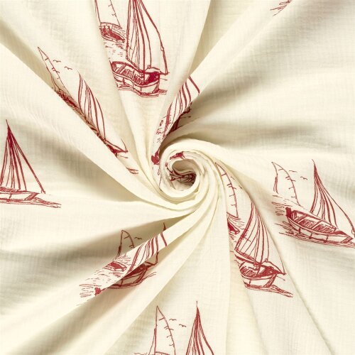 Musselin Segelboote - creme/rot