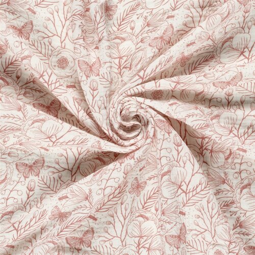 Musselin Blumen und Schmetterlinge - creme/altrot
