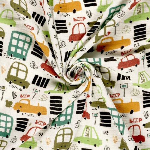 Musselin lustige Fahrzeuge - creme