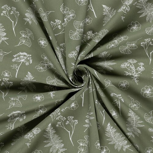 Baumwollpopeline Florale Zeichnungen - salbei