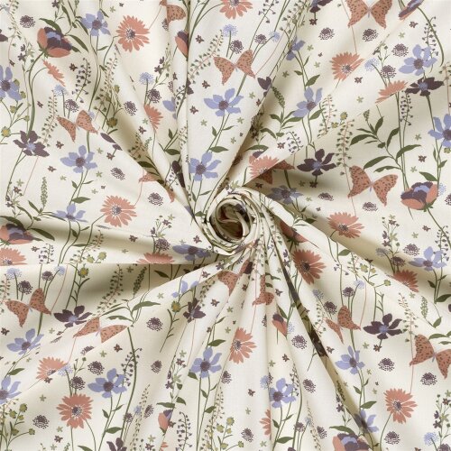 Baumwollpopeline schöne Blumen & Schmetterlinge - creme