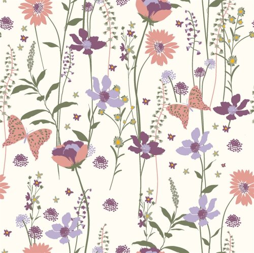 Baumwollpopeline schöne Blumen & Schmetterlinge - creme