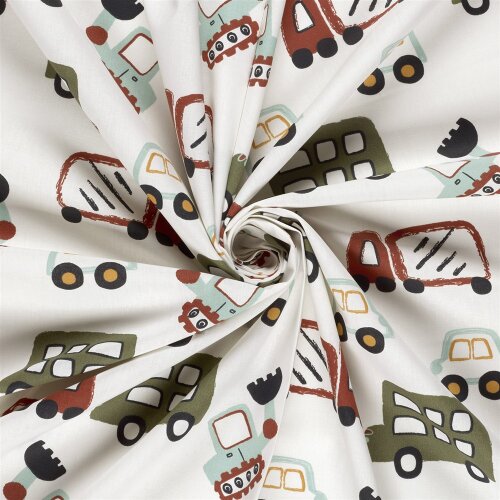 Baumwollpopeline bunte Fahrzeuge - creme