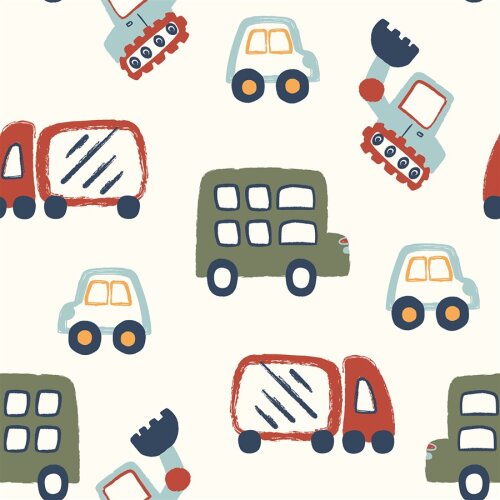 Baumwollpopeline bunte Fahrzeuge - creme