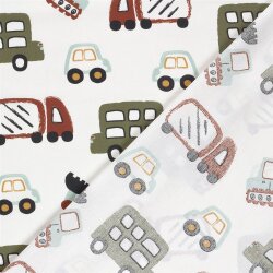 Baumwollpopeline bunte Fahrzeuge - creme