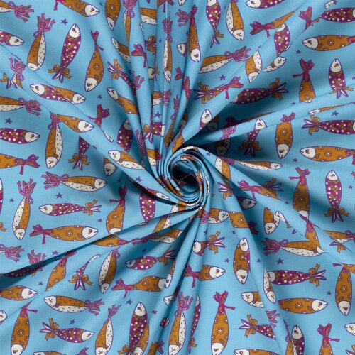 Baumwollpopeline Fische - wasserblau