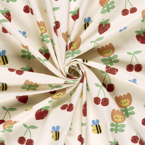 Baumwollpopeline fröhliche Früchte & Blumen - creme