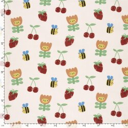 Baumwollpopeline fröhliche Früchte & Blumen - creme