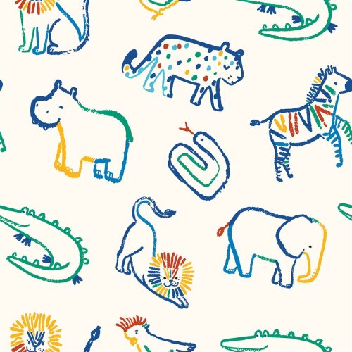 Baumwollpopeline bunte Tierzeichnungen - creme
