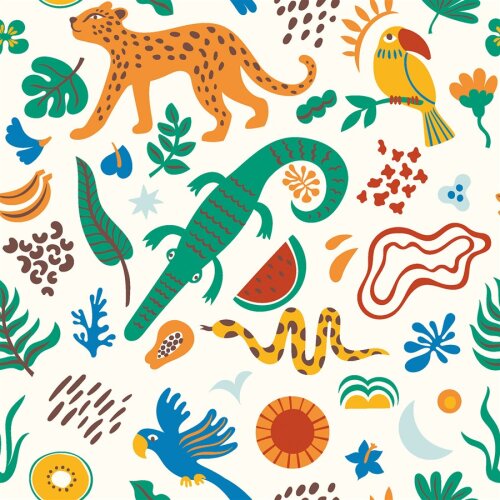 Baumwollpopeline bunte Tierwelt - creme