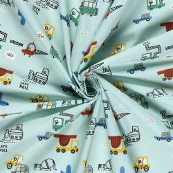 Baumwollpopeline Konfetti Fahrzeuge - hellblau