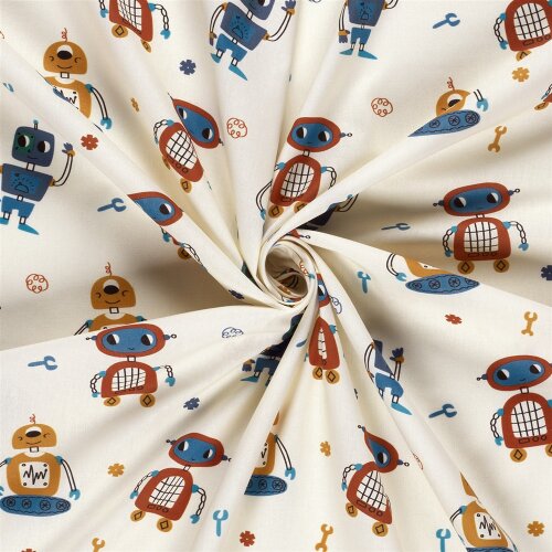Baumwollpopeline lustige bunte Roboter - creme