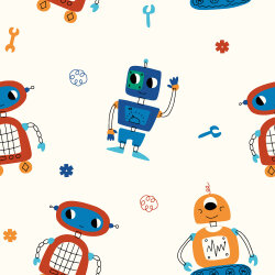 Baumwollpopeline lustige bunte Roboter - creme