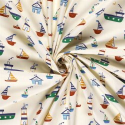 Baumwollpopeline bunte Leuchtturmwelt - creme