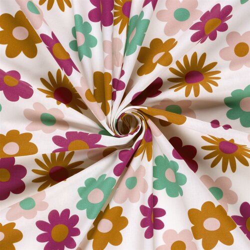 Baumwollpopeline große bunte Blüten - creme