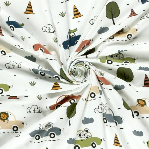 Baumwolljersey fahrende Tiere - creme
