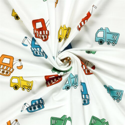 Baumwolljersey bunte Baufahrzeuge - creme