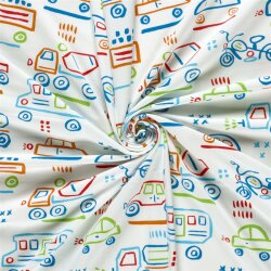 Baumwolljersey bunte Fahrzeugzeichnungen - creme